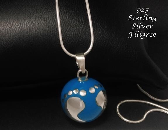 Harmony Ball Necklace, Blue Chime with Silver Filigree Baby Feet - Click Image to Close